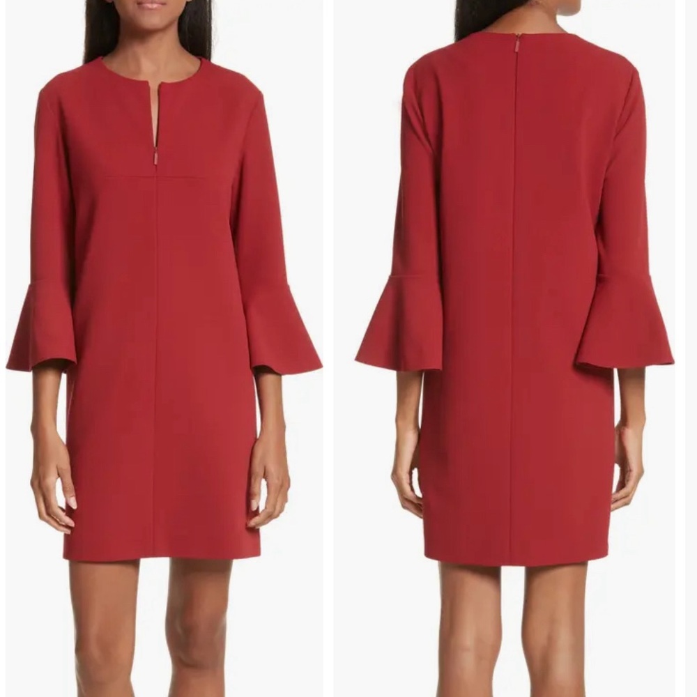 Tibi Rust Bell Sleeve Mini Shift Dress Xs V-Neck 3/4 Sleeves Brick Red Fall 0